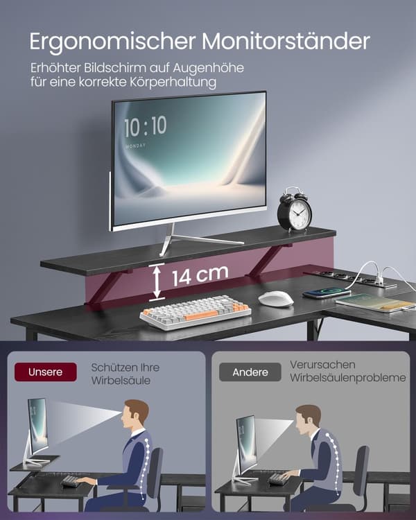 L-formet skrivebord med strømskinne, hjørnebord, computerbord med skærmforhøjning, LED-gamingbord, 2 skuffer, 2 USB-porte, let at montere, til kontor