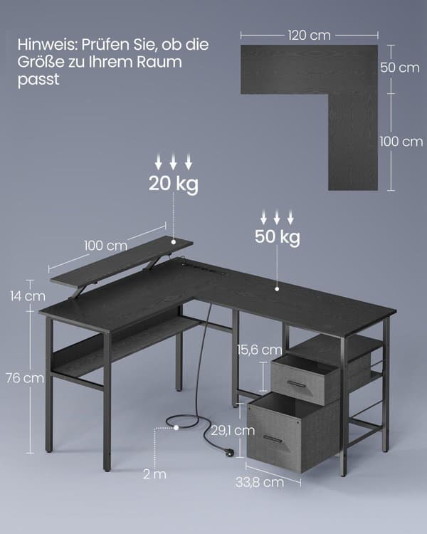 L-formet skrivebord med strømskinne, hjørnebord, computerbord med skærmforhøjning, LED-gamingbord, 2 skuffer, 2 USB-porte, let at montere, til kontor