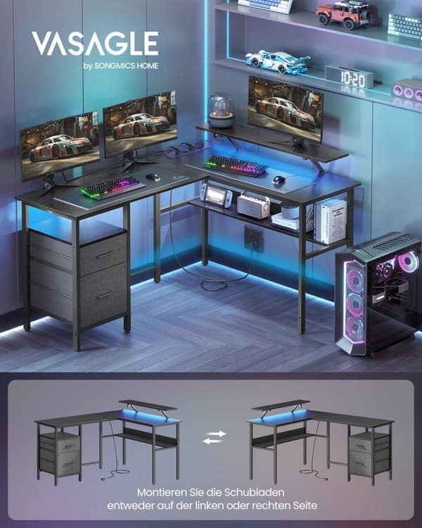 L-formet skrivebord med strømskinne, hjørnebord, computerbord med skærmforhøjning, LED-gamingbord, 2 skuffer, 2 USB-porte, let at montere, til kontor