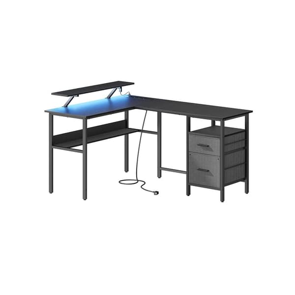 L-muotoinen työpöytä pistorasialla, kulmapöytä, tietokonepöytä näytön nostokorokkeella, LED-pelipöytä, 2 laatikkoa, 2 USB-porttia, helppo koota, toim
