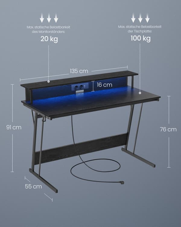 Skrivbord med skärmstativ 55 x 135 x 76 cm svart ebenholts
