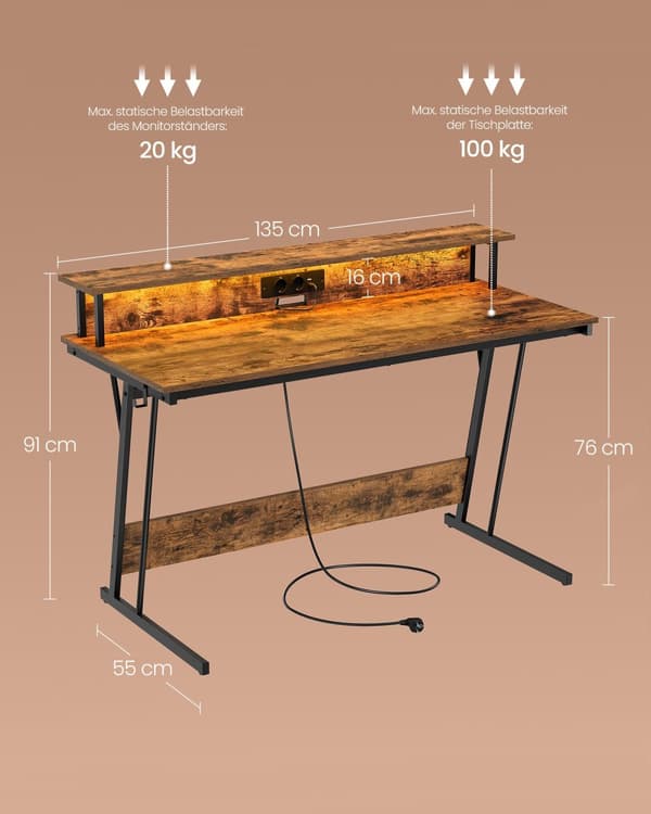 Työpöytä monitoritelineellä 55 x 135 x 76 cm vintage ruskea
