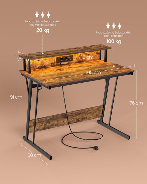 Pöytä pistorasialla 60 x 100 x 76 cm vintage ruskea
