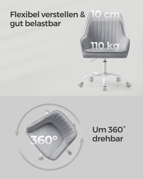 Kontorsstol med sammetsöverdrag, höj- och sänkbar och duvgrå