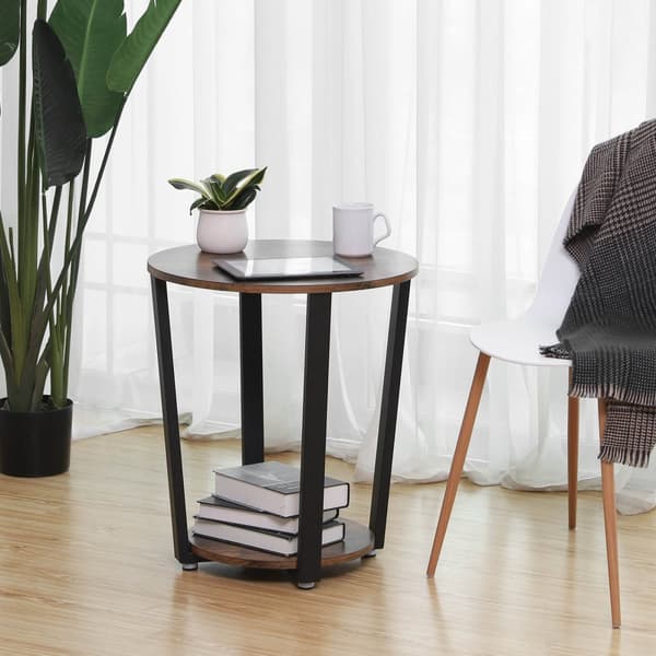 Sidobord, runt gavelbord med stålram, för vardagsrum, sovrum, enkel montering, industriellt, rustikt brunt och svart