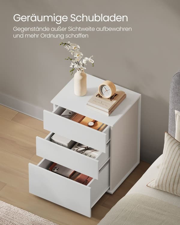 Superhurtig samling uden brug af værktøj, sengebord, natbord med 3 opbevaringsskuffer, sidebord, moderne minimalistisk, soveværelse, stue, mat hvid o