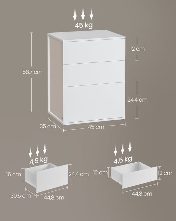 Superhurtig samling uden brug af værktøj, sengebord, natbord med 3 opbevaringsskuffer, sidebord, moderne minimalistisk, soveværelse, stue, mat hvid o