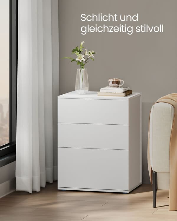 Superhurtig samling uden brug af værktøj, sengebord, natbord med 3 opbevaringsskuffer, sidebord, moderne minimalistisk, soveværelse, stue, mat hvid o