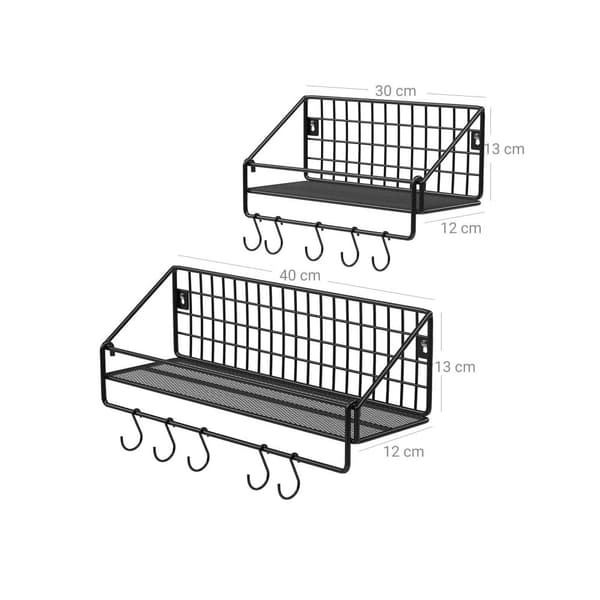 Industriella vägghyllor i metall, varje hylla kan belastas med upp till 15 kg, 2 st kökshyllor med 10 krokar, för sovrum vardagsrum, 30 x 12 x 13 cm,