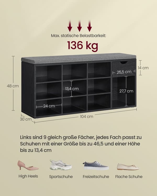 Kenkäpenkki laatikolla 30 x 104 x 48 cm eebenpuu-musta-laatta harmaa