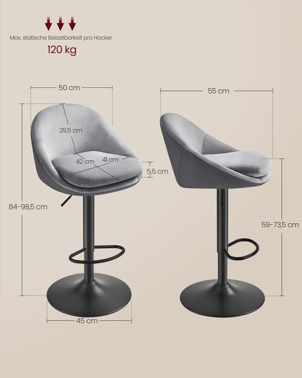 Barstol sæt med 2 højdejusterbare dove grey-ink black
