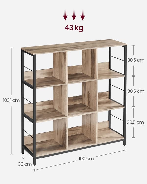 Hylla med 3 nivåer och 9 fack