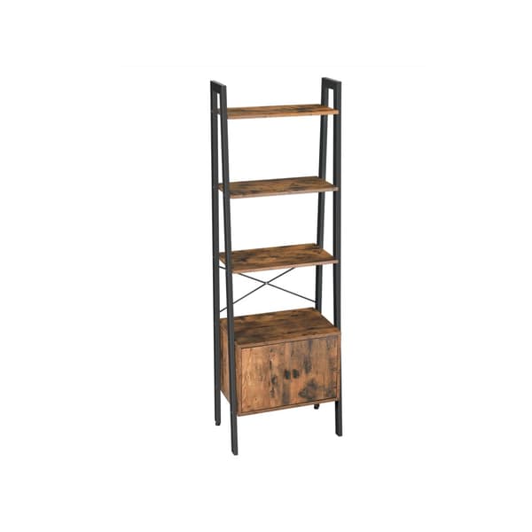 Stigehylde, bogreol med skab, stuehylde, 4 hylder, stabil jernramme, soveværelse, kontor, 56 x 34 x 173 cm, industrielt design, rustik brun