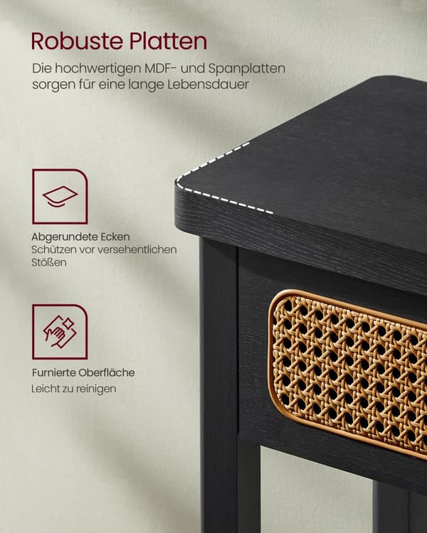 Konsolbord, hallbord, hallmöbel, smalt soffbord för vardagsrummet, med 2 lådor, öppen hylla, rundade hörn, Boho-stil, asksvart