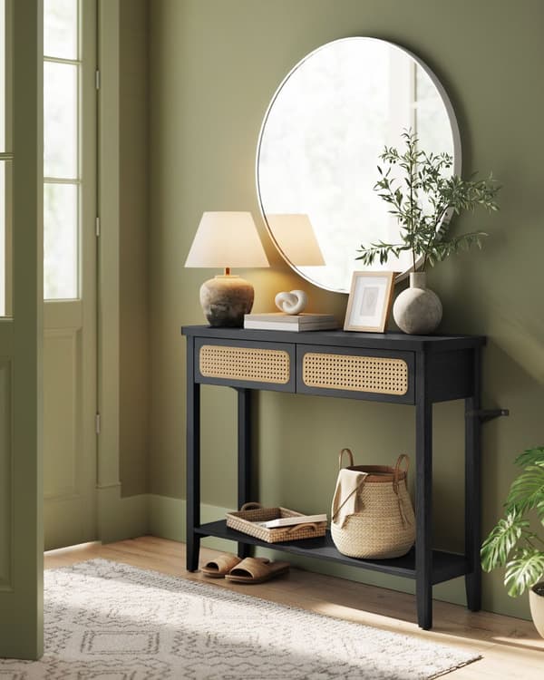 Konsolbord, hallbord, hallmöbel, smalt soffbord för vardagsrummet, med 2 lådor, öppen hylla, rundade hörn, Boho-stil, asksvart