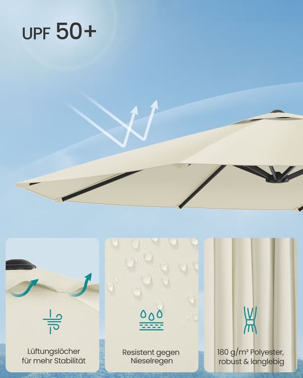 Dobbeltparasol 394 x 200 cm UPF 50+ uden stativ beige