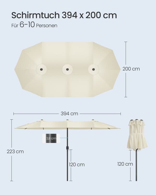 Dobbeltparasol 394 x 200 cm UPF 50+ uden stativ beige