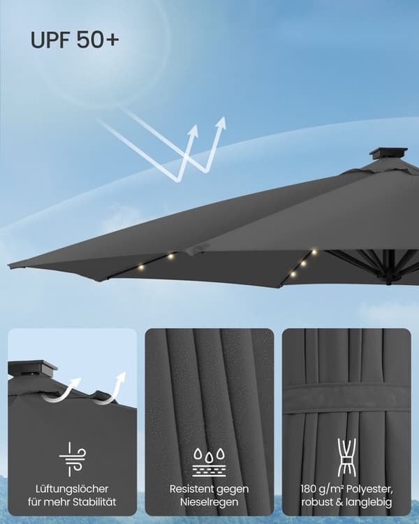 Parasoll 300 cm UPF 50+ med 28 solcellsdrivna LED-lampor grå