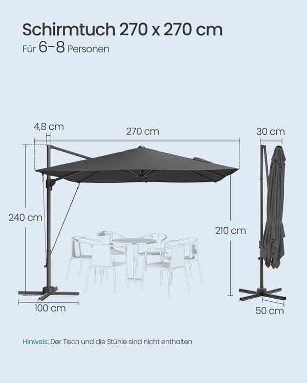 Parasoll 270 x 270 cm UPF 50+ med vev och kryssfot grå