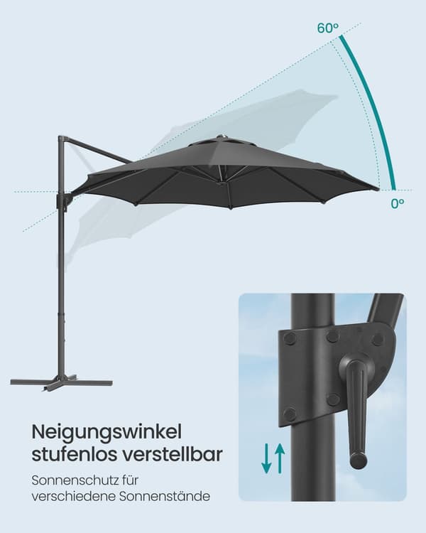 Parasoll 300 cm UPF 50+ med vev och kryssfot grå