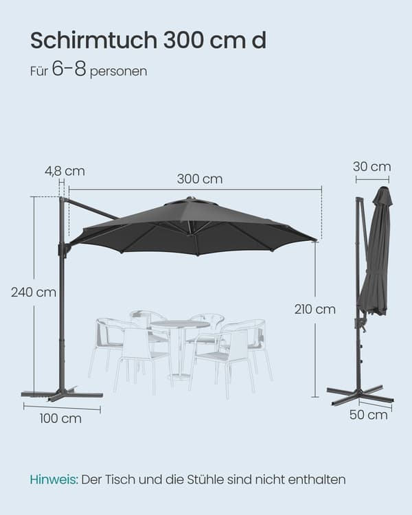 Parasoll 300 cm UPF 50+ med vev och kryssfot grå