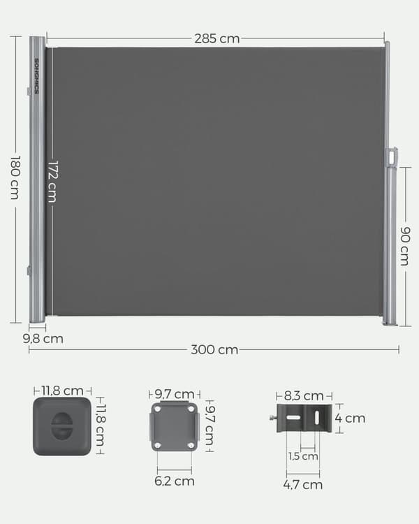 180 x 300 cm Toldo lateral para balcón y terraza, Certificado de TÜV SÜD GS, Protección de la intimidad, Protección solar, Persiana lateral, Gris ant