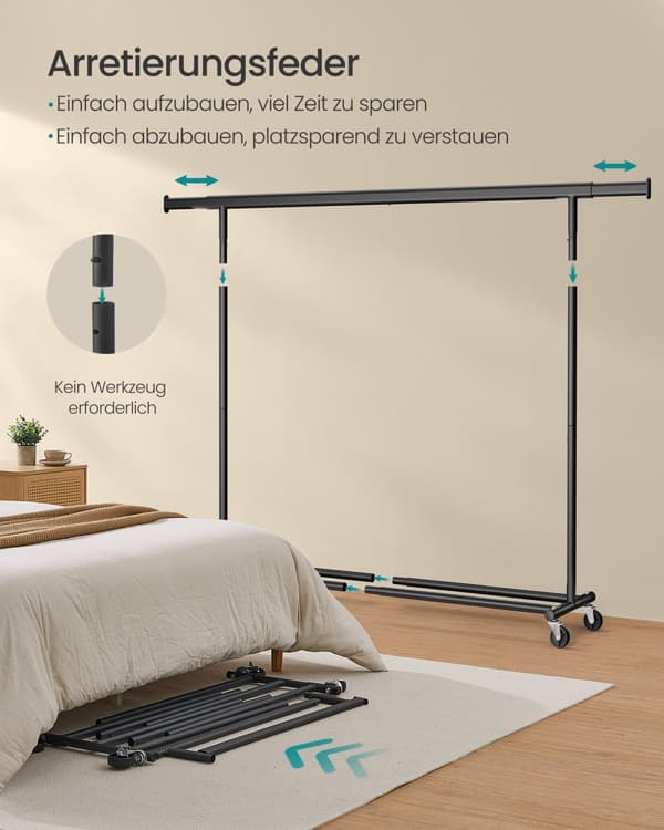 Tøjstativ på hjul, kraftigt tøjstativ, udtrækkeligt tøjstativ, maksimal belastning 150 kg, nem montering, transportabelt, sort