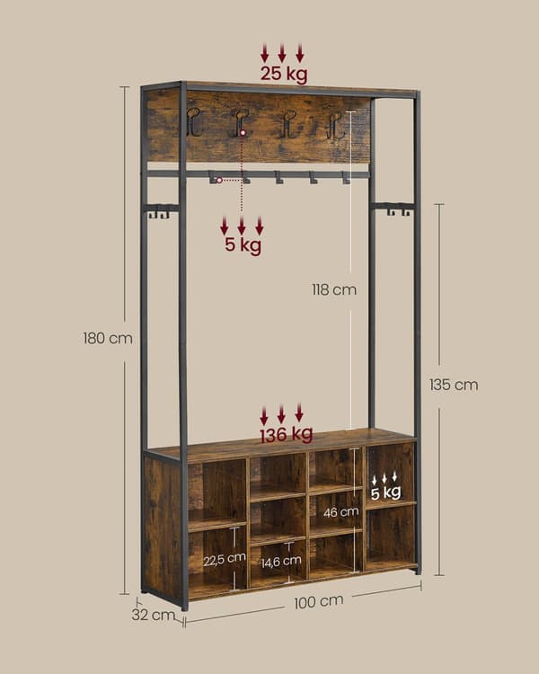 Halltræ med bænk og skoopbevaring, knagerække med skobænk, hallmøbler, åbne rum, industriel stil, pladsbesparende, rustik brun og blæksort