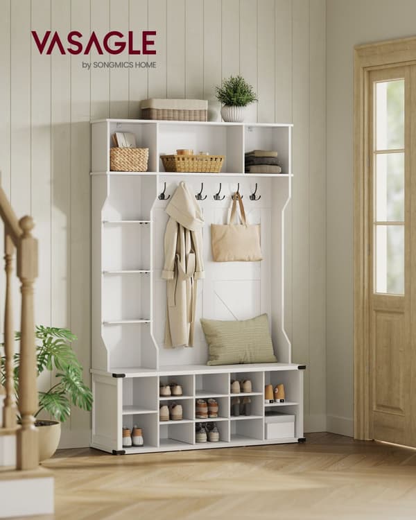 Takki teline, takki teline, eteinen huonekalut kenkäteline, säädettävät hyllyt, 20 avointa lokeroa, 6 kolminkertainen koukut, Country Style Freestand
