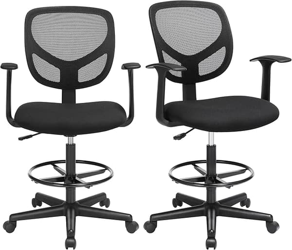Arbejdsstol, sæt med 2, ergonomisk kontorstol med armlæn, sædehøjde 55-75 cm, høj drejestol med justerbar fodring, belastningskapacitet 120 kg, sort