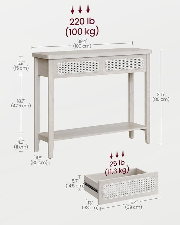 Konsolbord, sofabord, smalt entrébord, entrébord med 2 skuffer, åben opbevaringshylde, afrundede hjørner, til stuen, boho-stil, havregrynsbeige U