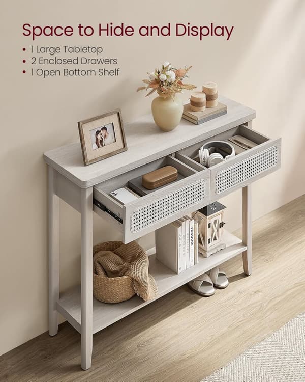 Konsolbord, sofabord, smalt entrébord, entrébord med 2 skuffer, åben opbevaringshylde, afrundede hjørner, til stuen, boho-stil, havregrynsbeige U