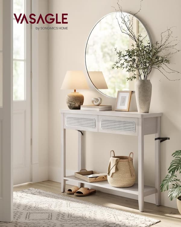 Konsolbord, sofabord, smalt entrébord, entrébord med 2 skuffer, åben opbevaringshylde, afrundede hjørner, til stuen, boho-stil, havregrynsbeige U