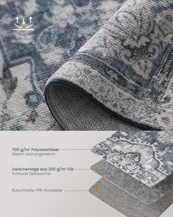 Area Rug 160 x 230 cm Living Room Rug Non-Slip Rug Traditional Vintage Style Living Room Kitchen Hallway Dining Room Machine Washable Dove Grey