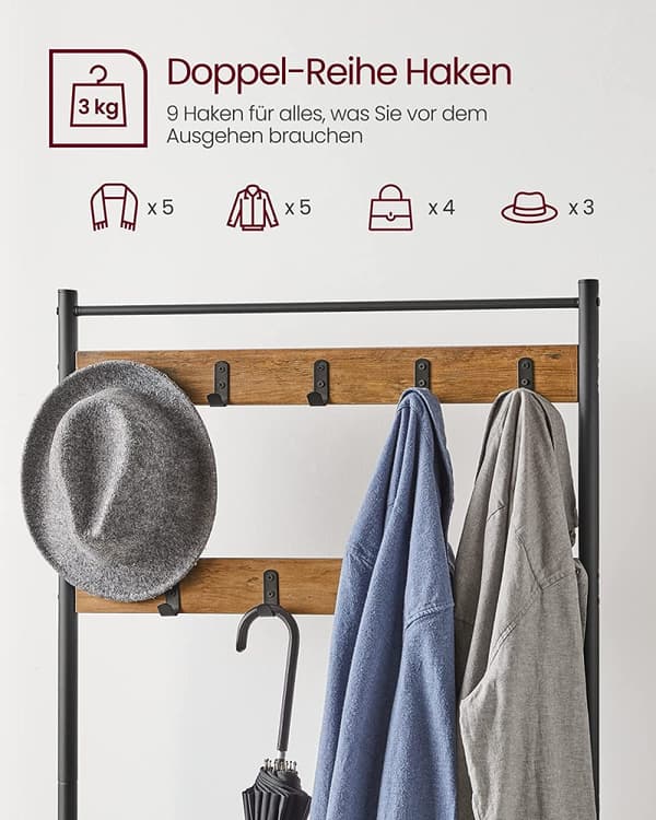 Kenkäteline, kenkäteline istuimella eteiseen, koukuilla, 3 hyllyä, metalli, korkeus 177 cm, teollinen muotoilu, pähkinänruskea/musta