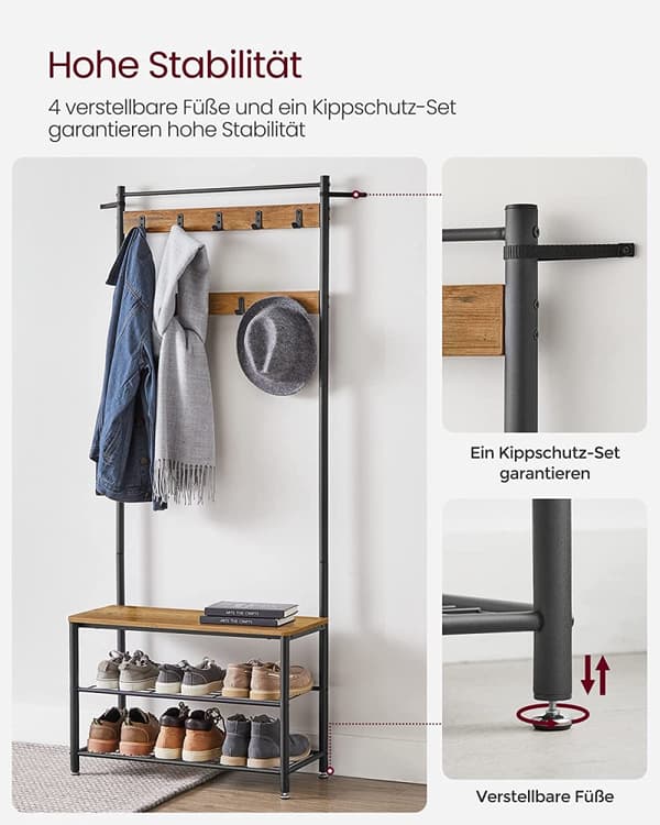 Kenkäteline, kenkäteline istuimella eteiseen, koukuilla, 3 hyllyä, metalli, korkeus 177 cm, teollinen muotoilu, pähkinänruskea/musta