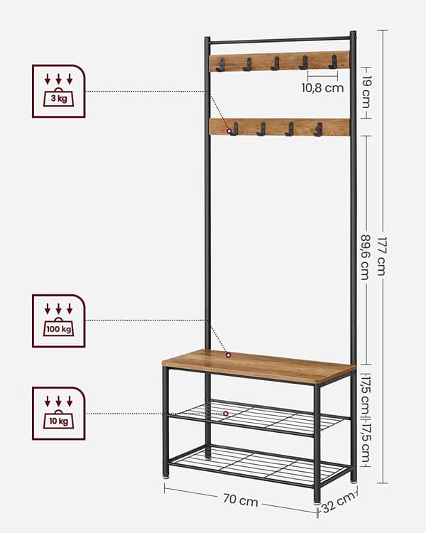 Kenkäteline, kenkäteline istuimella eteiseen, koukuilla, 3 hyllyä, metalli, korkeus 177 cm, teollinen muotoilu, pähkinänruskea/musta