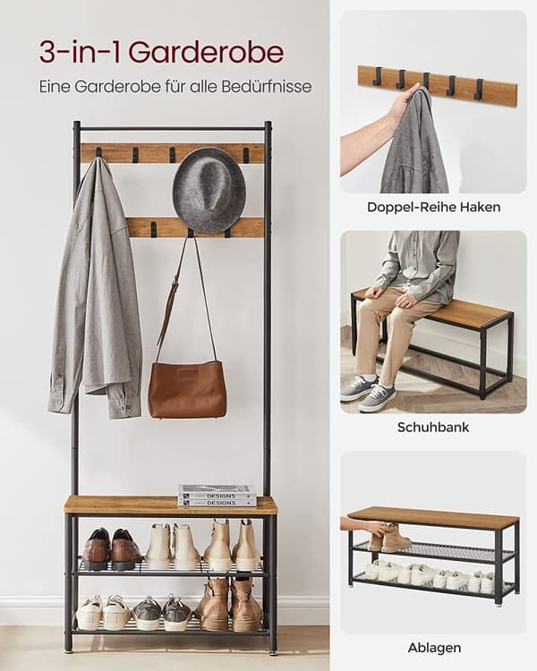 Kenkäteline, kenkäteline istuimella eteiseen, koukuilla, 3 hyllyä, metalli, korkeus 177 cm, teollinen muotoilu, pähkinänruskea/musta
