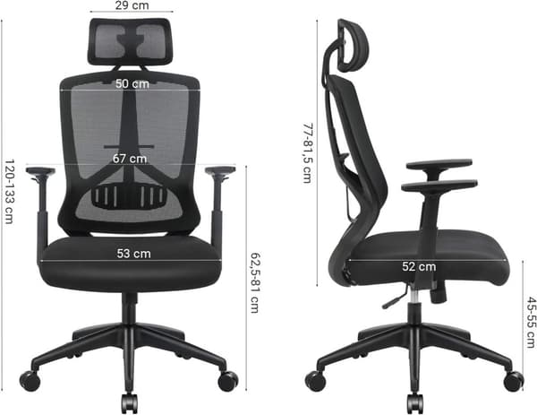 Ergonomisk kontor- og skrivebordsstol med lændestøtte, drejelig computerstol med justerbar nakkestøtte og armlæn, vippefunktion og højdejustering, so