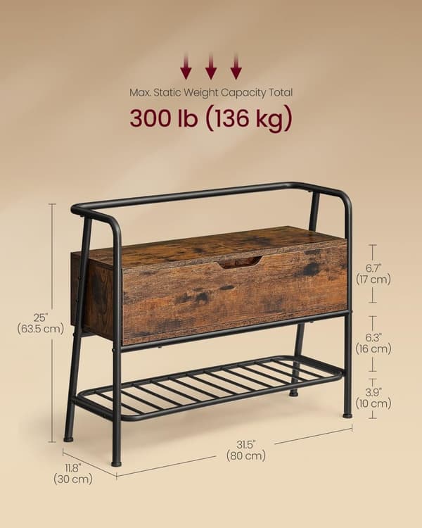 Bänk för skoförvaring, skoställ, med förvaringslåda, entrémöbel, industriell stil, stålram, för vardagsrum, sovrum, entré, rustik brun och bläcksvart