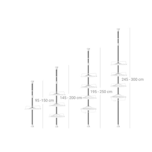 Justerbar hjørnehylde til badeværelset, teleskopisk brusebadshylde, 95-300 cm, gulv til loft, med ramme i rustfrit stål, 4 bakker, 3 kroge, 1 håndklæ