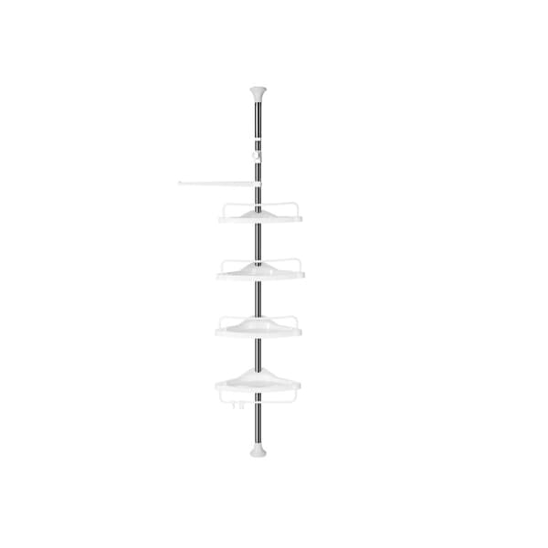 Justerbar hjørnehylde til badeværelset, teleskopisk brusebadshylde, 95-300 cm, gulv til loft, med ramme i rustfrit stål, 4 bakker, 3 kroge, 1 håndklæ