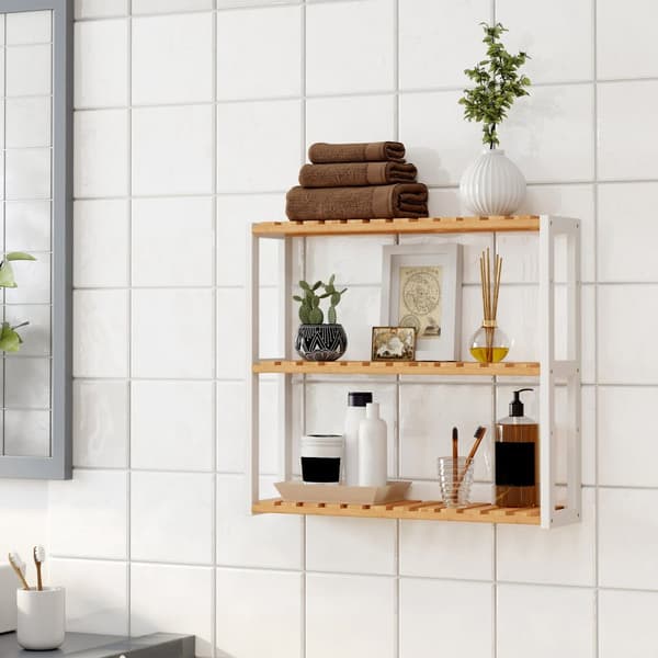 Bambu kylpyhuonehylly, 3-tasoinen säädettävä kasvien teline, seinälle tai jalustalle, olohuoneessa, parvekkeella, keittiössä, luonnollinen ja valkoin