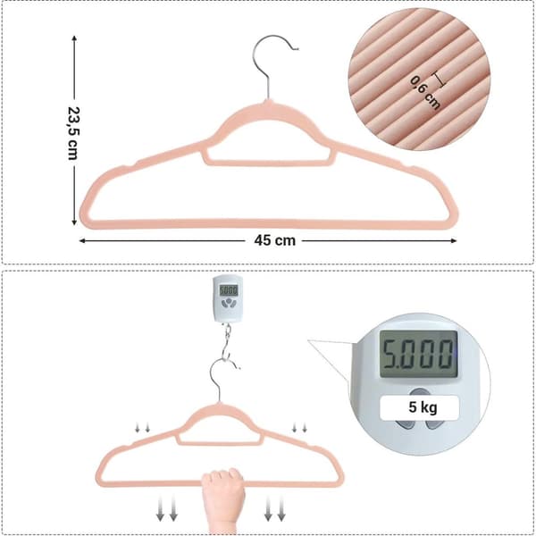 Velvet, 50-pack, halkfria klädhängare, 0,6 cm tjocka, platsbesparande, 360° vridbara krokar, 43,5 cm långa, för rock, jacka, skjorta, klänning, byxor