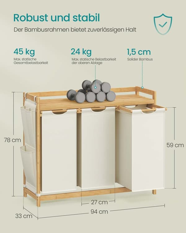 Vasketøjskurv med 3 rum, vasketøjskurv, rummer op til 150 L, vasketøjssortering, med hylde, vasketøjspose, sidelommer, 3 x 50 L, 94 x 33 x 78 cm, cre