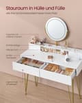 Miniatyrbillede 5 af 6: Toiletbord med skammel og belysning, strømskinne, spejl, toiletbord, 40 x 100 x 134,8 cm, kosmetikbord med skuffer, polstret skammel, mat hvid / lys