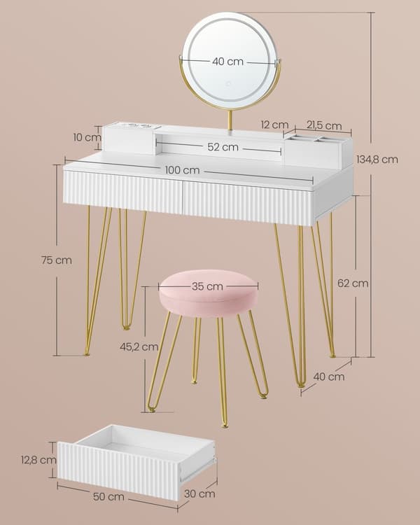 Toiletbord med skammel og belysning, strømskinne, spejl, toiletbord, 40 x 100 x 134,8 cm, kosmetikbord med skuffer, polstret skammel, mat hvid / lys
