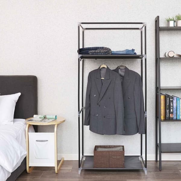 Stofgarderobe, sammenklappeligt skab med bøjlestang, enkelt tøjstativ, opbevaringsorganizer til tasker, legetøj, sko, stue, soveværelse, garderobe, 7