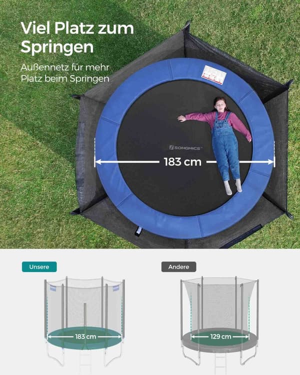 Trampolin Ø 183 cm med nät för trädgård blå