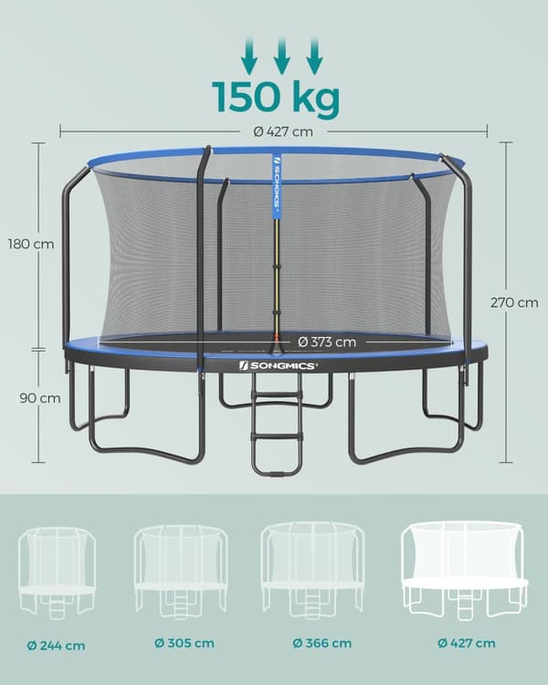 Trampoliini Ø 427 cm, turvaverkko ja tikkaat